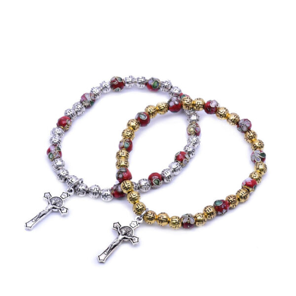 Wholesales 6mm Cloisonne Catholic Gif Cross Crucifix Prayer Beads Stretch Rosary Bracelet