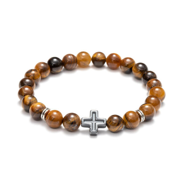 He5f75d3f57454f9990827e0e5ad164aeN KOMI 8mm Natural Volcanic Lava Rock Tiger Eye Turquoise Gemstone Beaded Bracelets with Cross Elastic Stretch Bracelet for Unisex