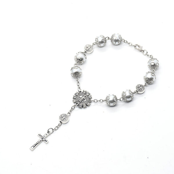 He7cb2ecd133f4bb482cdd161efcafff3x Hot Selling Silver Color Pearl Rosary Glass PearlBeads Bracelets Jesus Cross Pendant Charm Prayer Bracelets