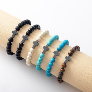 KOMI Natural Gemstone Vintage Turquoise Tiger Eye Lava Stone Beaded Bracelets with Cross Charm Elastic Stretch Bracelet for Unix