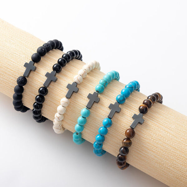 KOMI Natural Gemstone Vintage Turquoise Tiger Eye Lava Stone Beaded Bracelets with Cross Charm Elastic Stretch Bracelet for Unix