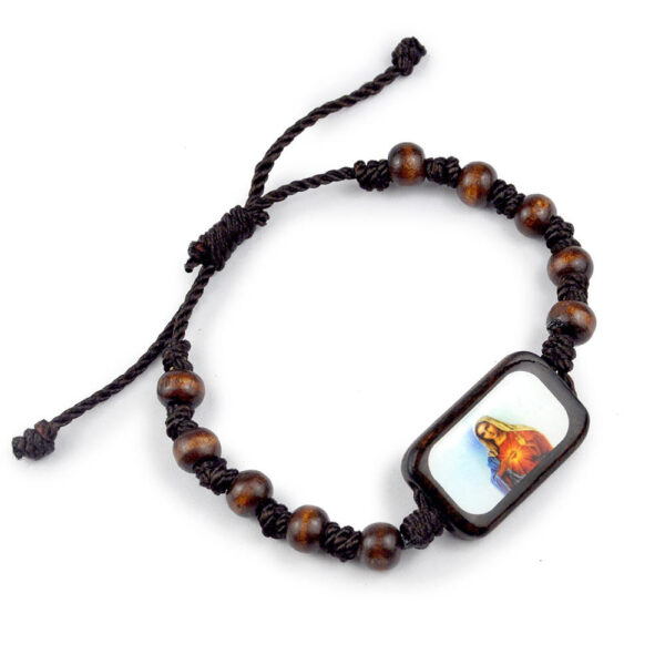 KOMI Natural Wooden Beaded Bracelet String Knotted Holy Family Charms Bracelets Adjustable Catholic String Bangles for Men Women
