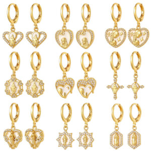 He9b58a7d0e0d4c8dbcbe05621ff70935L KOMI 18K Gold Plated Huggie Hoops Earrings with Zircon CZ Charms of Geometric Virgin Mary Drop Earrings for Women Religious