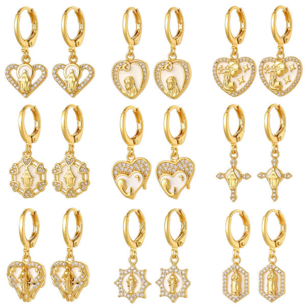 He9b58a7d0e0d4c8dbcbe05621ff70935L KOMI 18K Gold Plated Huggie Hoops Earrings with Zircon CZ Charms of Geometric Virgin Mary Drop Earrings for Women Religious
