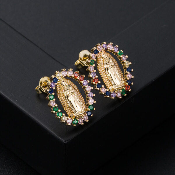 Heb247612ade74fb397e8656d5a298158R Religious Jewelry 18K Gold Plated CZ Virgin Mary Medal Earrings Stud with Zircon Oval Coin Studs Gold Party Gifts