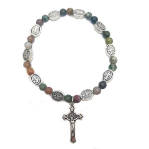 Natural Stone Agate Beads Rosary Bracelet Hand String with Jesus Cross Charm Religious Beaded Bracelets Elastic Stretch Bangles