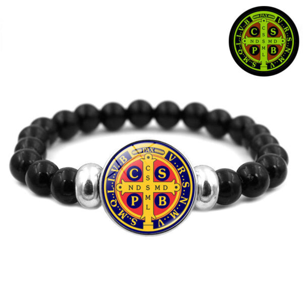 KOMI New Design Holy Light Saint Benedict's Medal Bracelet for Women All Black Stretch Beaded Bracelet