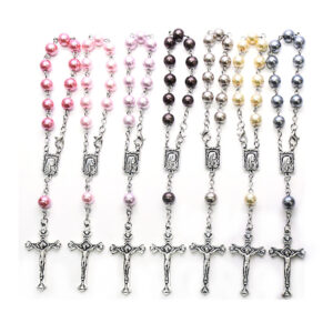 Komi Hot Selling Christian Glass Pearl Bracelet Cross Catholic Religious Jewelry Rosary Bracelet