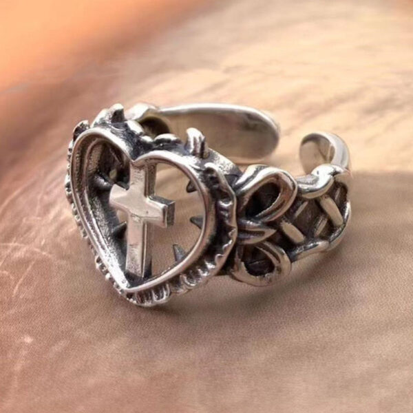 Hec8da5c0cf7c49a9b70aee45db500c58k KOMI Anti Silver Cross Heart Rings Adjustable Ring Religious Christian Silver Large Heart Cross Open Rings for Women Men Gifts