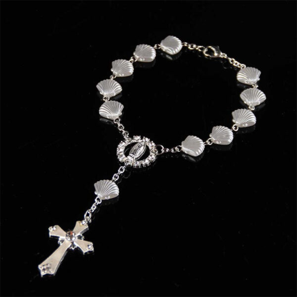 KOMI Beads Bracelet Shell Rose Flower Pearl Beaded Rosary Bracelets with Cross Pendant for Men Women