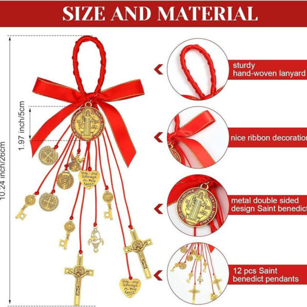 KOMI Silver St. Benedict Medals Keys Crucifix Cross Charms Pendants Ribbon Rope Hanging for Car Accessories Door Home Decoration