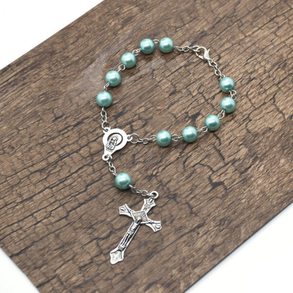 New 8mm Glass Faux Blue Pearl Rosary Pearl Catholic Religious Denary with Virgin Mary Bracelets