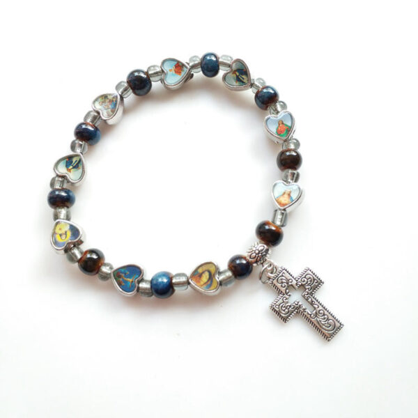KOMI Hot Selling Multicolor Ceramic Hollow Cross Religious Mary Jesus Virgin Elastic Beading Bracelet