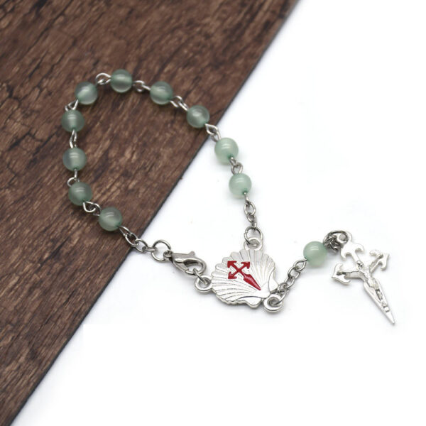 Komi 6mm Cat Eye Beads Rosary Cross Santiago Shell Pendant Curved Needle Prayer Bracelet