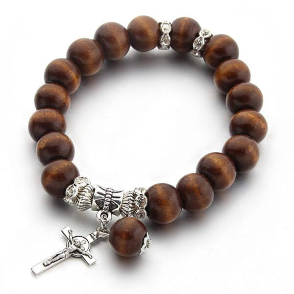 Hf81f213e05844020be7105abf3d373b0H KOMI Couple Black Brown Wood Beads Elastic Rope Bracelet Jesus Cross Virgin Mary Medal Charms Bracelet for Women Men Gift