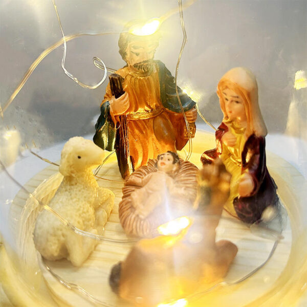 Hfb2c11e3413e4b1da1345c5b46871ee52 Komi New Glass Cover Solid Wood Base LED Light Micro Landscape Birth of Jesus Holiday Gifts Christmas Decorations