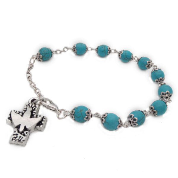 Hfbe5c8cb6c7043b78576ddd130f2918dE Komi Wholesales Religious Turquoise Beads Peace Dove Cross Pendant Rosary Bracelet