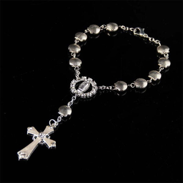 KOMI Beads Bracelet Shell Rose Flower Pearl Beaded Rosary Bracelets with Cross Pendant for Men Women