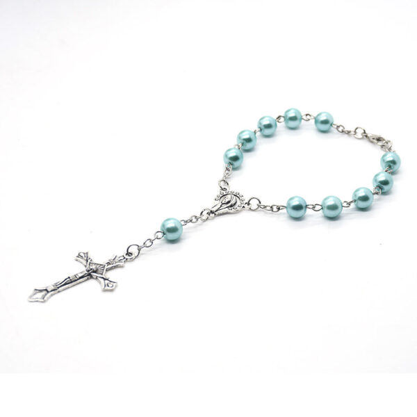 New 8mm Glass Faux Blue Pearl Rosary Pearl Catholic Religious Denary with Virgin Mary Bracelets