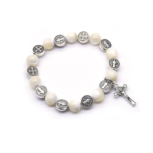 Hfe550ef7fbac47209a9c64ab55d906535 Komi Wholesales Religious Jewelry White Shell Metal Cross Beads Crucifix Pendant Prayer Rosary Bracelet