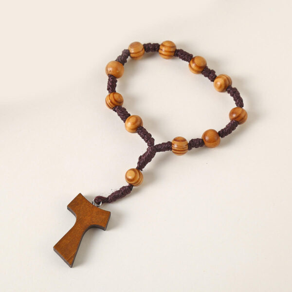 KOMI 8mm Natural Wooden Beads Rosary Bracelet with Wood Cross Charm Hand Bangle Brown Wood Beaded Cuff Bracelets for Men Jewelry