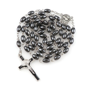Oval Hematite Bead Catholic Rosary Pendant Necklace Alloy Cross Jesus Cross Pendant Benedict Connectors Religious Necklaces