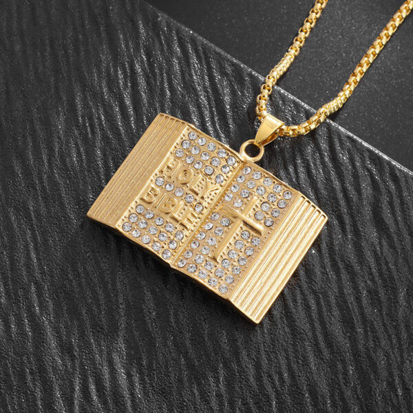 KOMI Religious Holy Bible Book Pendant Necklace for Women Gold Plated Stainless Steel Rhinestone Holy Bible Necklaces for Girls