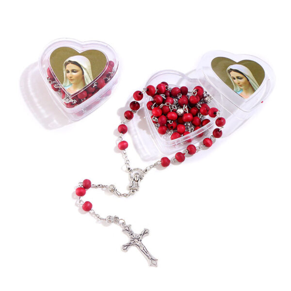 2024 Komi Wholesales Red Fragrance Wooden Beads Holy Silver Cross Pendant Maria Center Rosary Necklace
