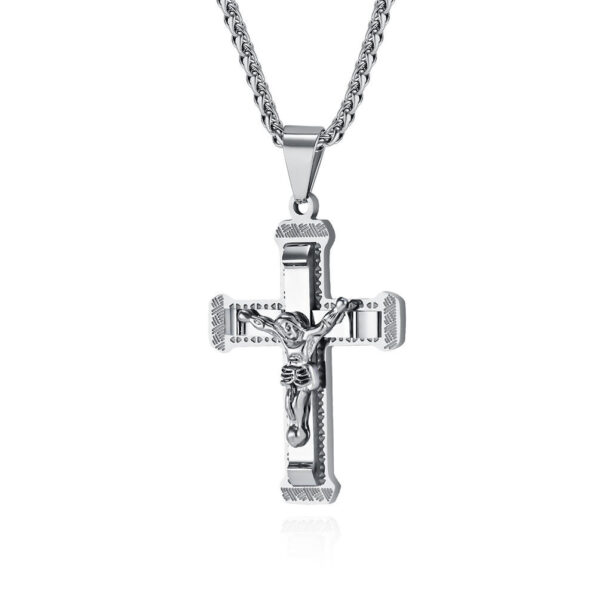 a335ba10b6ee45c3ec7b239b046f41e5_H00f730264b55492ebb5d9227ef74aaf1c_avif=close&webp=close KOMI Mens Crucifix Cross Necklace Silver Black Gold Stainless Steel Jesus Cross Pendant Necklace for Men Wheat Chain 24 Inch