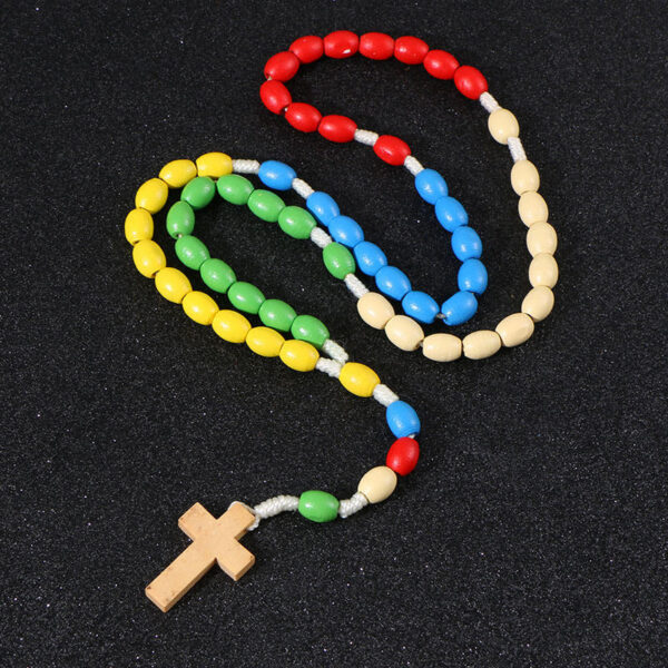 KOMi Handmade Wooden Rosary Cross Pendant Necklace Jesus Weave Colored Beads Child Girl Catholic Religious Fashion Jewelry R-190