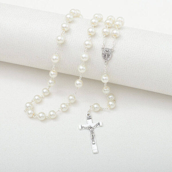 Komi Hot Selling Pearl 8MM Beads Rosary Catholic Cross Necklace Religious Jewelry Wholesale