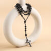 Komi Fashion Black Agate Hematite Beads Rosary Necklace with Wedding Party Cross Pendant Necklaces for Men Women Birthday Giftts