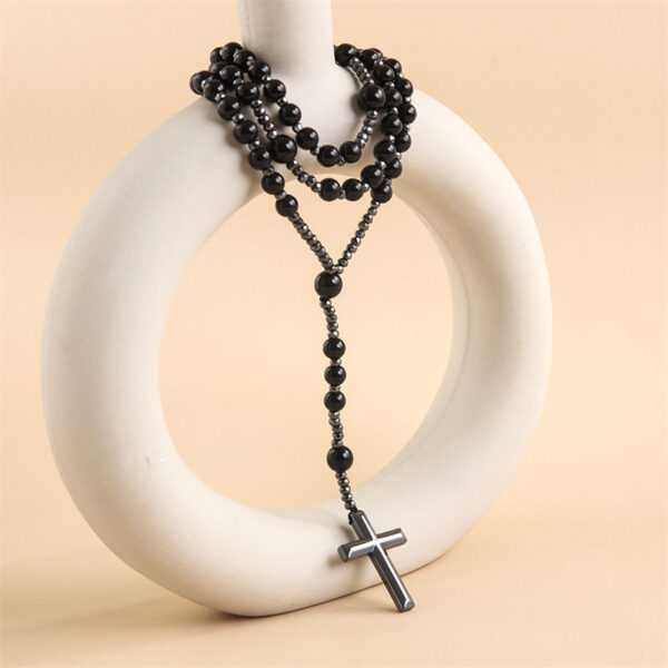 Komi Fashion Black Agate Hematite Beads Rosary Necklace with Wedding Party Cross Pendant Necklaces for Men Women Birthday Giftts