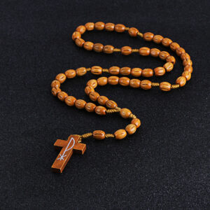 New Wooden Rosary Beads Cross Pendant Long Necklace for Women Men Catholic Christ Religious Jesus Rosary Jewelry Gift RN-029
