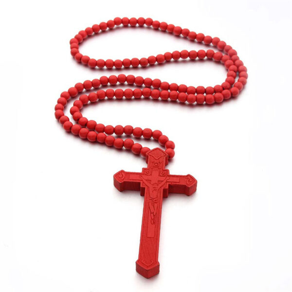 2024 KOMI 8mm Wooden Beaded Necklaces Religious Catholic Wood Bead Rosary Crucifix Cross Pendant Necklace for Men Easter Baptism Gift