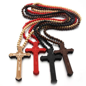 2024 KOMI 8mm Wooden Beaded Necklaces Religious Catholic Wood Bead Rosary Crucifix Cross Pendant Necklace for Men Easter Baptism Gift