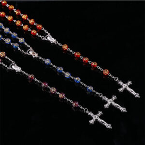 8mm Round Rose Beads Necklace, Rose Beads Prayer Beads Jesus Pendant in the Center of the Virgin Mary