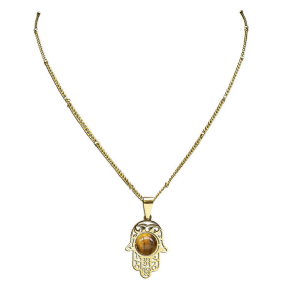 KOMI Fatima Hand Pendant Women Men Stainless Steel Necklace Gold Plated Natural Stone Necklace