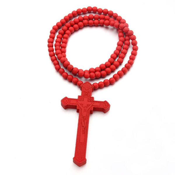 2024 KOMI 8mm Wooden Beaded Necklaces Religious Catholic Wood Bead Rosary Crucifix Cross Pendant Necklace for Men Easter Baptism Gift