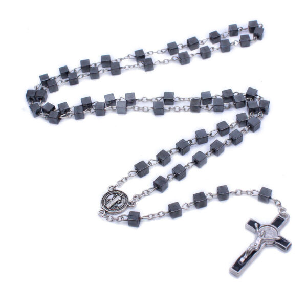Komi Square Black Gallstone Cross Pendant Necklace Catholic Religious Jewelry Rosary Necklace