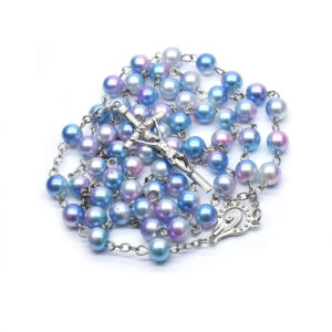 2024 Komi Religious Jewelry Catholic 8mm Colorful Plastic Pearl Crucifix Cross Pendant Rosary Necklace