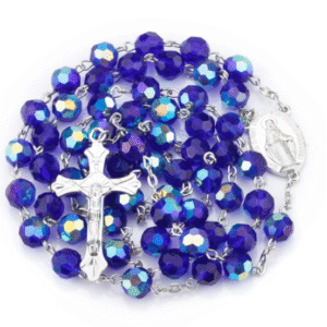 2024 Hot Sell Rosary Dark Blue Glass Crystal Jesus Cross Christ Maria Stock Necklace