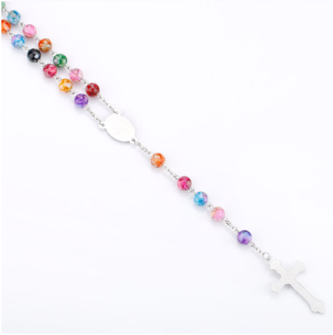 2024 Hot Sell Rosary Glass Color Beads Jesus Cross Christ Maria Stock Necklace for Pray