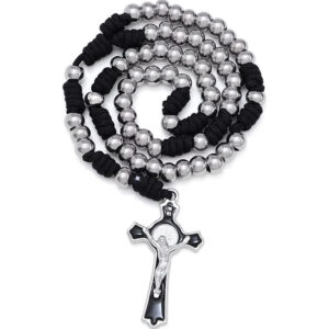 KOMI Black Rope Braided Stainless Steel Beads Rosary Necklace with Black Enamel Crucifix Cross Pendant Necklace Car Accessories