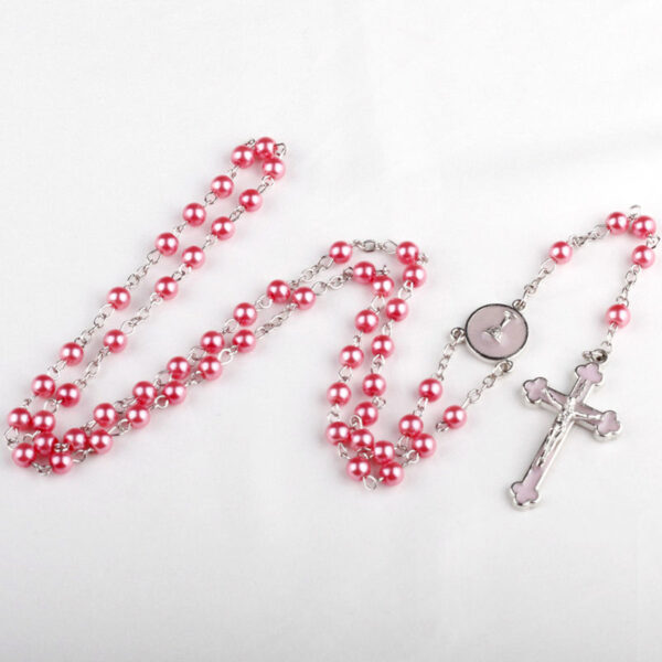 KOMI Imitation Pearls Rosary Beads Necklace for Women Lake Blue Royal Pink Pearl Beaded Necklace Enamel Cross Pendant Necklaces