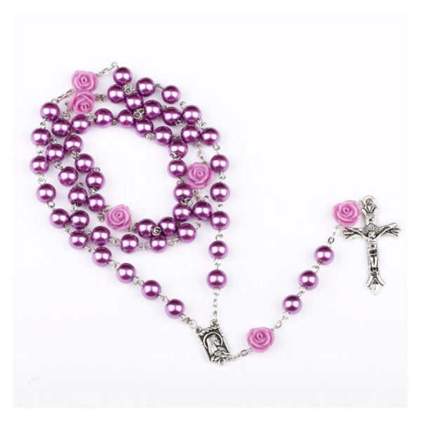 KOMI Multicolor 6mm Imitation Pearl Rose Flowers Catholic Jesus Cross Our Lady of Lourdes Virgin Mary Religious Rosary Necklace