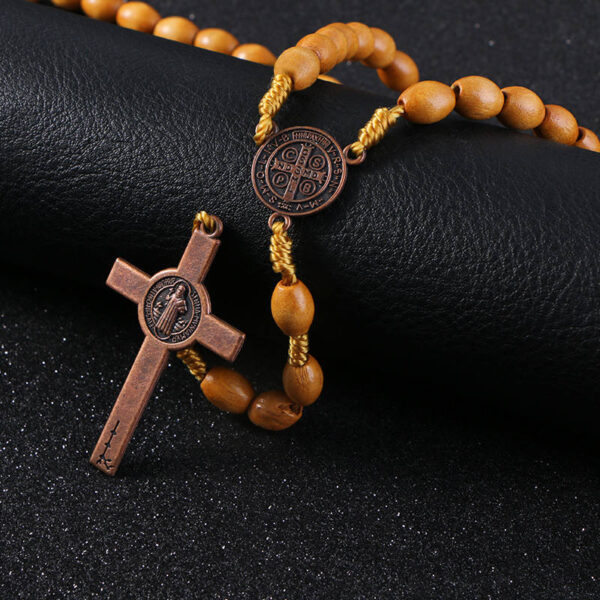 KOMi Handmade Weave Round Saint Benedict Medal Antique Wooden Rosary Cross Necklace Vintage Catholic Religious Jesus Jewelry Mot