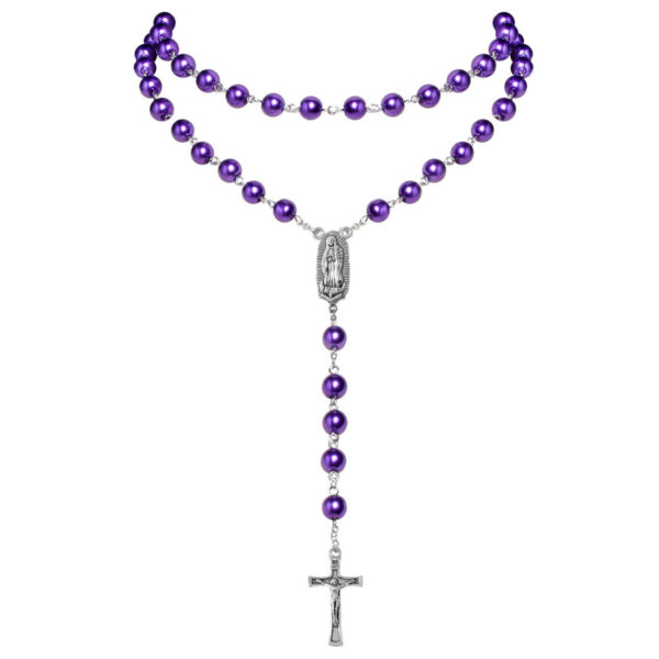 KOMI Catholic Pink Purple White Blue Pearl Necklaces Pearl Beads Rosary Necklace with Virgin Mary Medal & Cross Fashion Jewelry