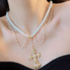 KOMI Vintage Gold Plated Rhinestone Cross Pendant Necklaces Layered Pearl Beaded Chain Crystal Fringe Necklace for Women Girls