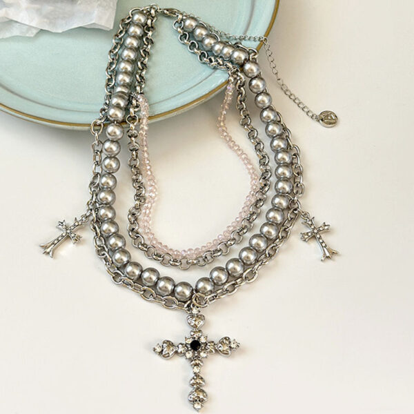 KOMI Punk Layered Necklace Crystal Beads Metal Chain Baroque Pearl Beaded Folded Cross Pendant Chokers Necklaces for Women Girls